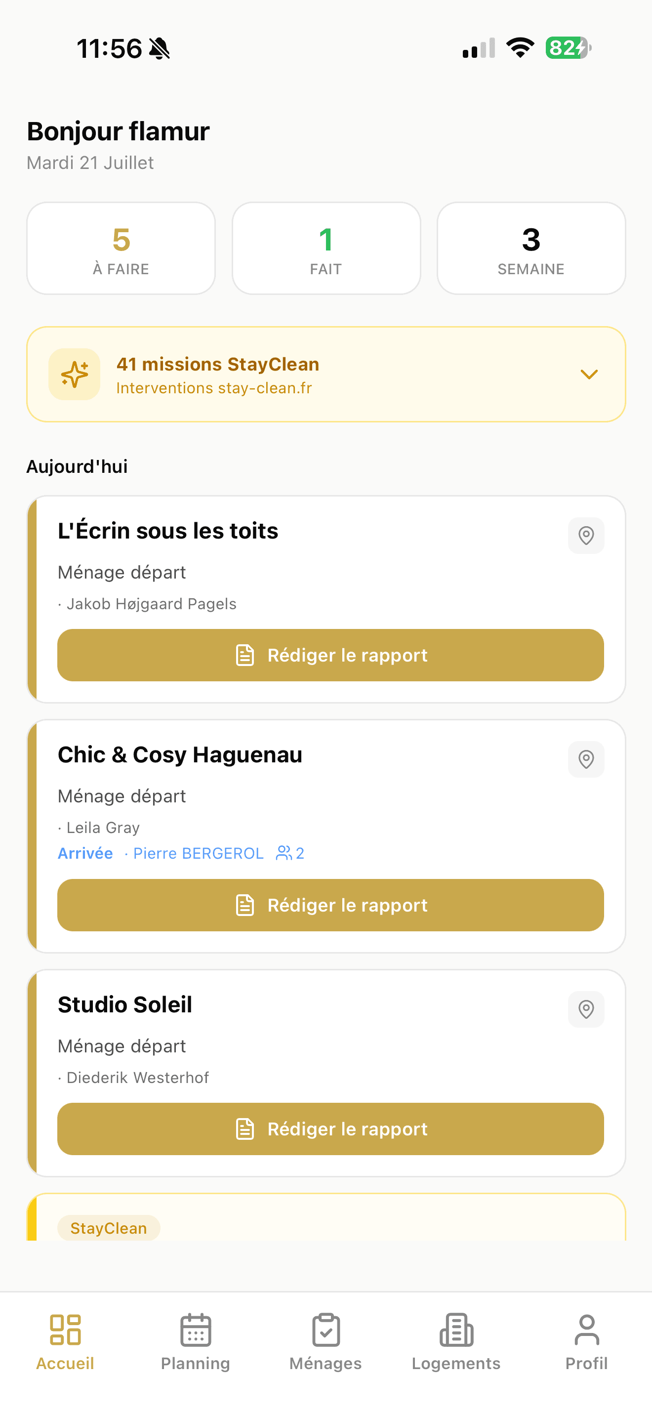 Application ménage StayCore : missions du jour par logement, planning des équipes et rapports.