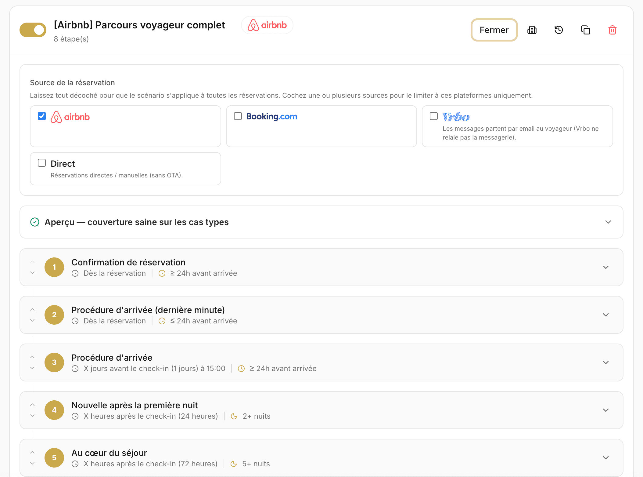 Éditeur de scénario StayCore : parcours voyageur automatisé, sources de réservation et étapes déclenchées à partir de vos templates.