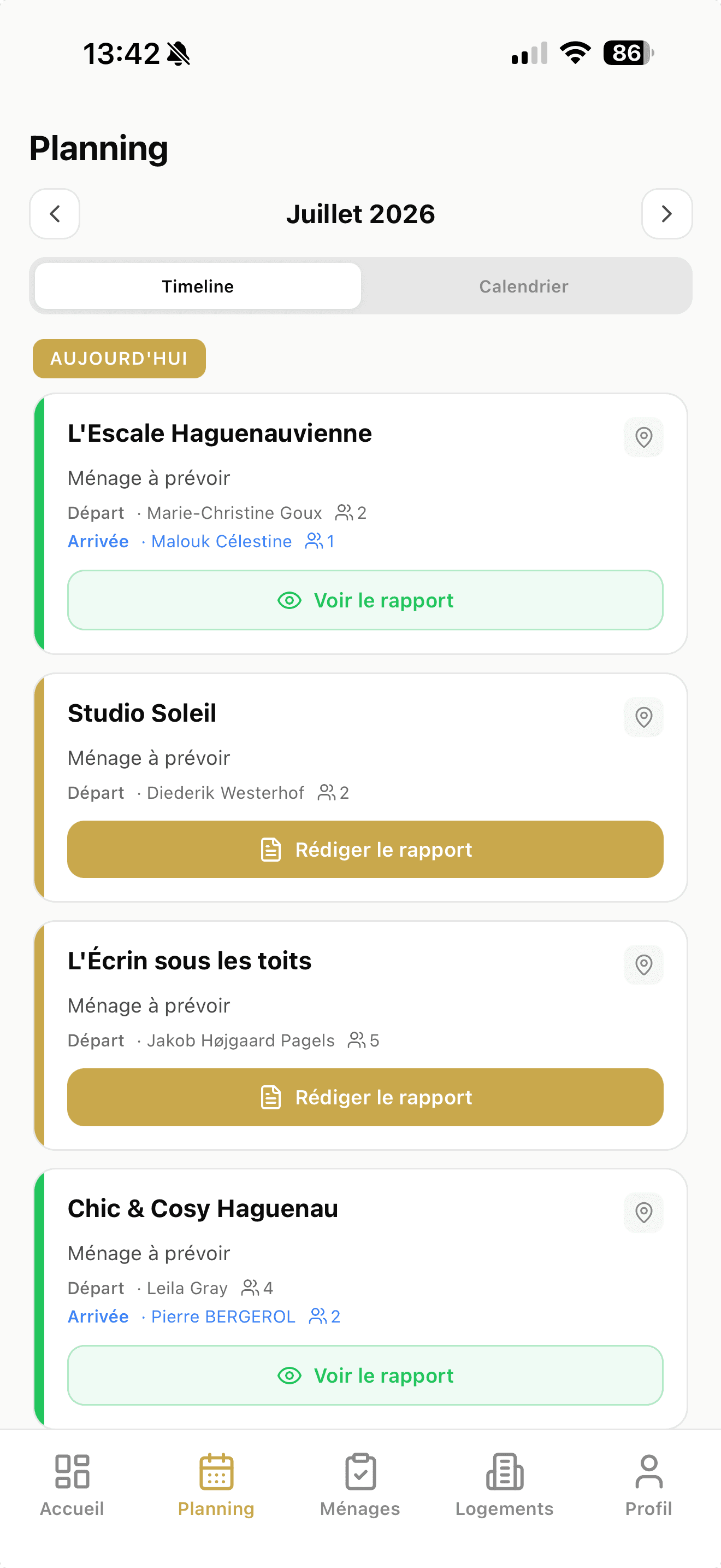 Application prestataire StayCore : planning des missions de ménage, arrivées et départs, rédaction des rapports.