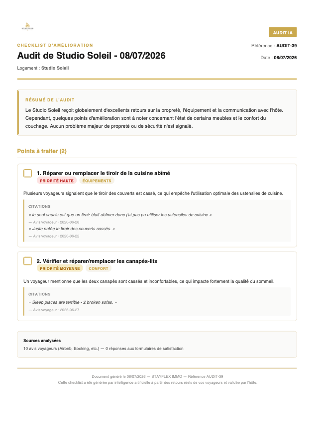 Rapport PDF d'audit IA StayCore : checklist d'amélioration d'un logement, points à traiter par priorité et citations des avis voyageurs.