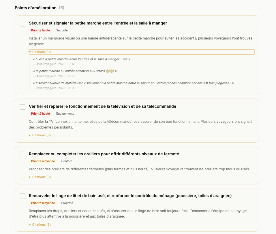Écran StayCore : recommandations d'amélioration d'un logement, classées par ordre de priorité selon leur impact sur la satisfaction voyageur.