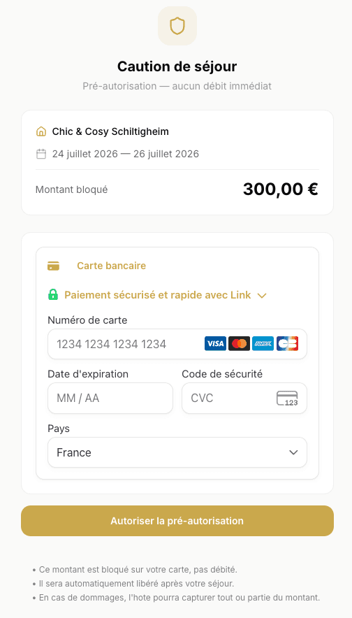 Page de pré-autorisation voyageur StayCore : caution de séjour, montant bloqué et saisie de carte sécurisée par Stripe.