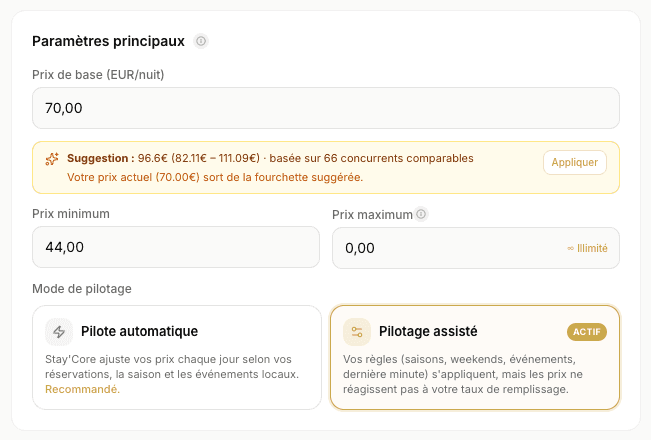 Chaque prix part de votre base, puis s'ajuste selon la saison, le week-end et la demande.