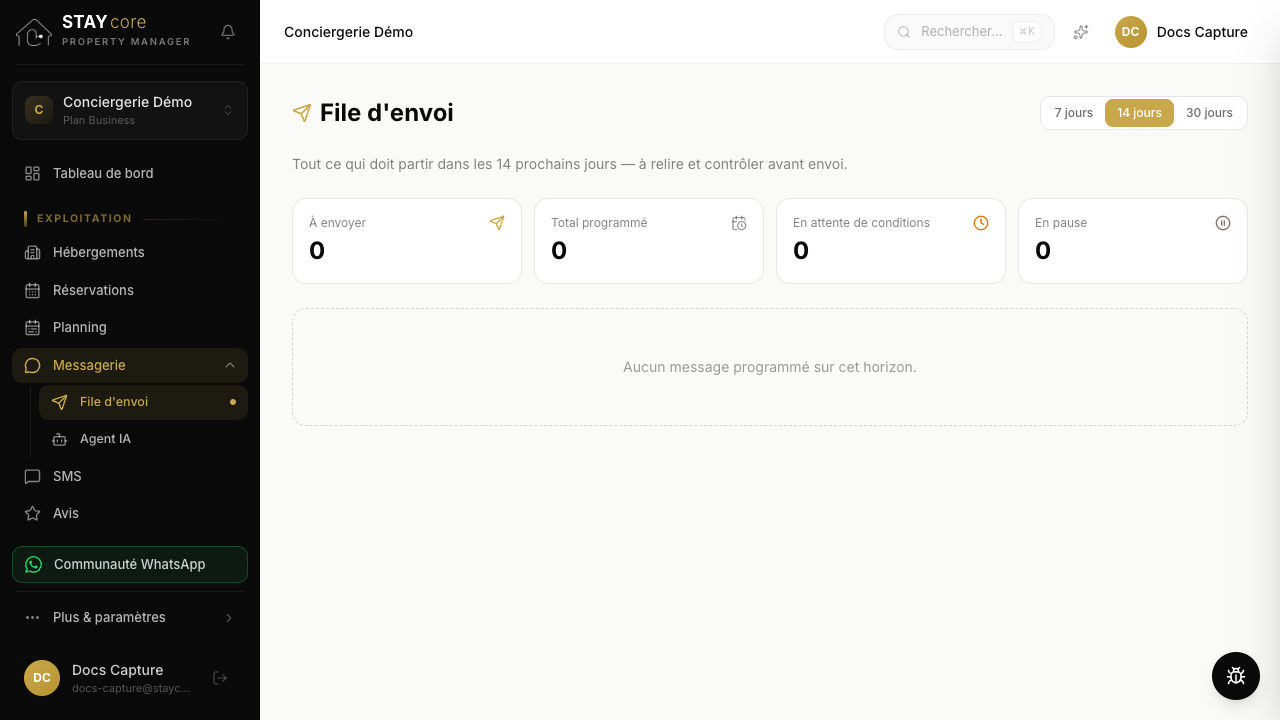 La File d'envoi : repérez le message et lisez son statut (en attente, programmé, échoué)