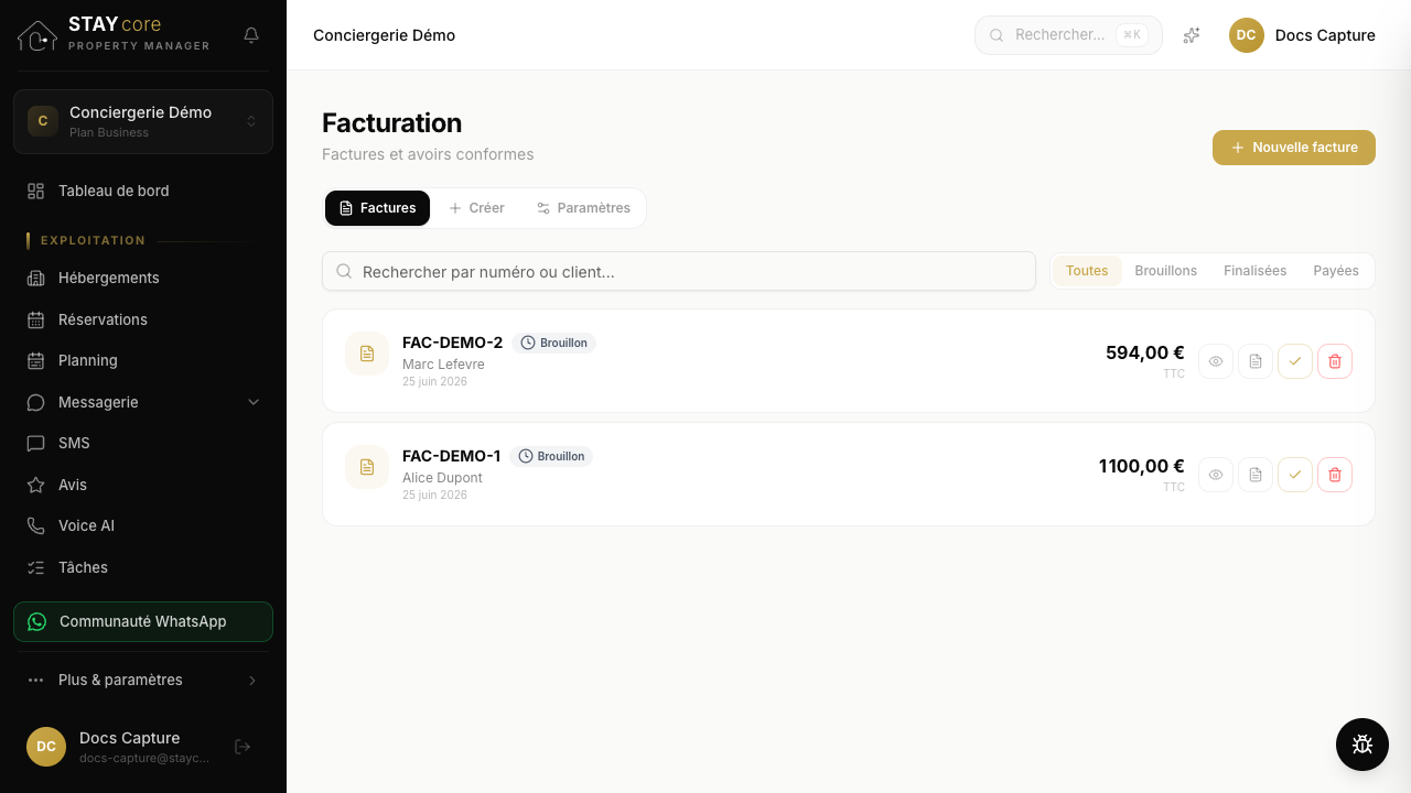 Étape 1 : la page Facturation, cliquez sur l'onglet Créer pour saisir une facture manuelle sans réservation