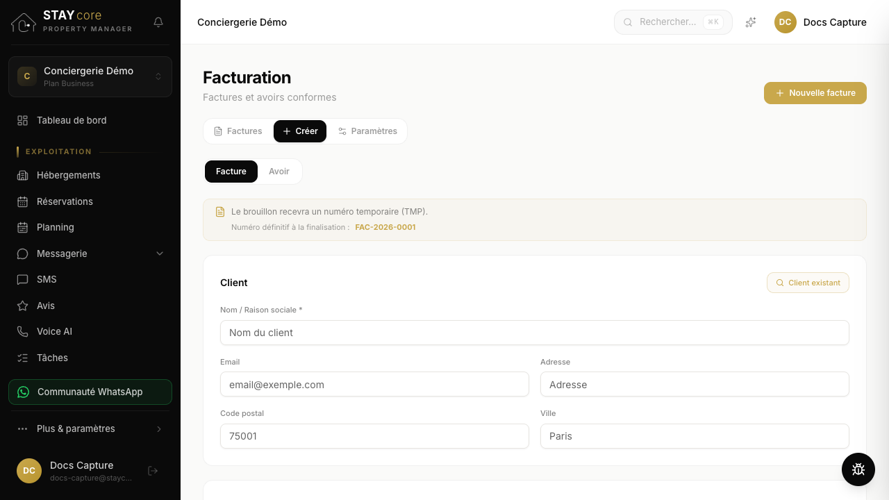 Étape 2 : renseignez le type (Facture/Avoir), le client, les dates et le mode de paiement