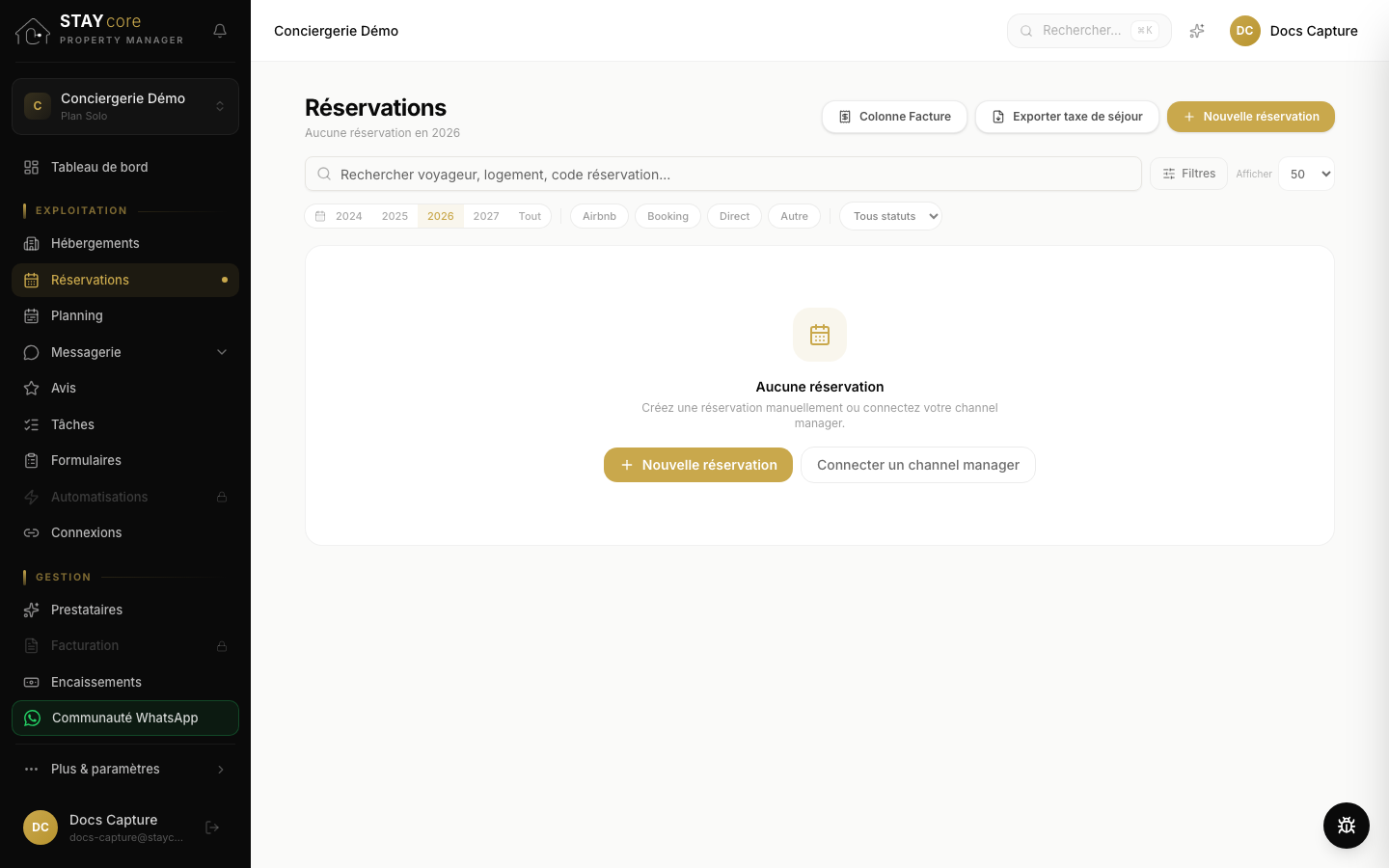 Depuis « Réservations », repère le bouton « Nouvelle réservation » en haut à droite.
