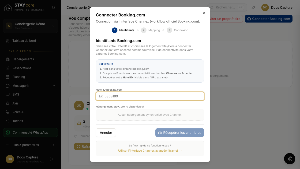 Étape 2 : Saisissez votre Hotel ID puis suivez le mapping de chambre (Identifiants › Mapping › Connexion)