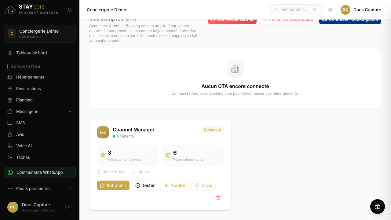Étape 1 : Les événements LiveFeed apparaissent dans Connexions quand le Channel Manager est connecté