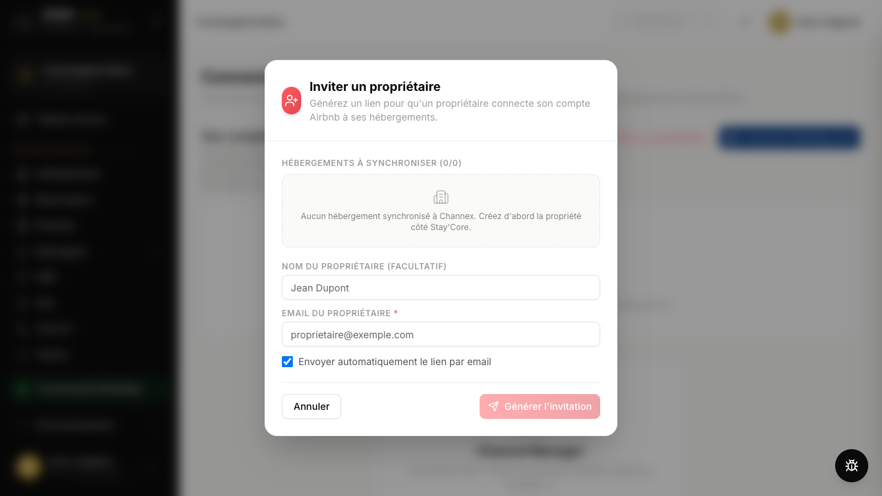 Étape 2 — Sélectionnez les hébergements et renseignez l'email du propriétaire