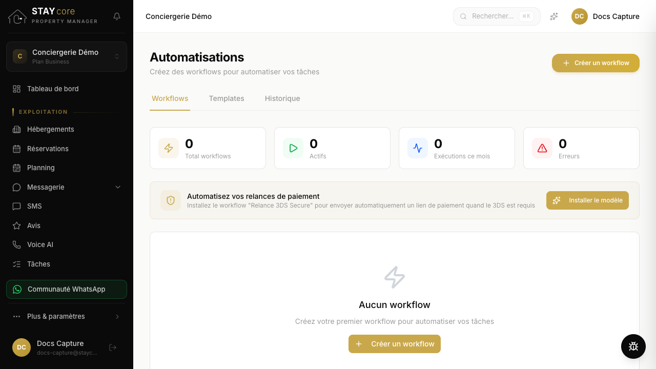 Onglet Workflows : enchaînez des étapes (Message OTA, Email, SMS, Délai, Condition…)