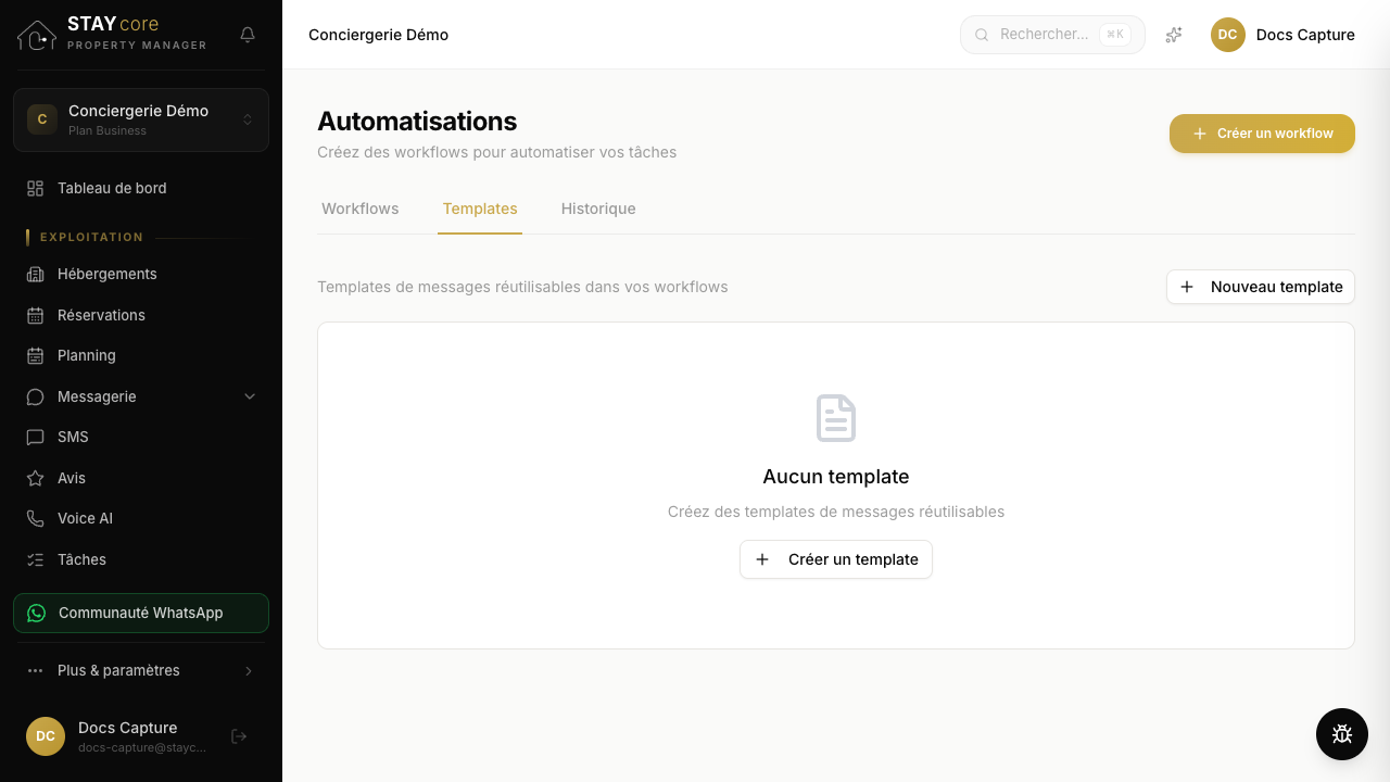 Onglet Templates : créez des messages réutilisables (nom, type, langue, variables)